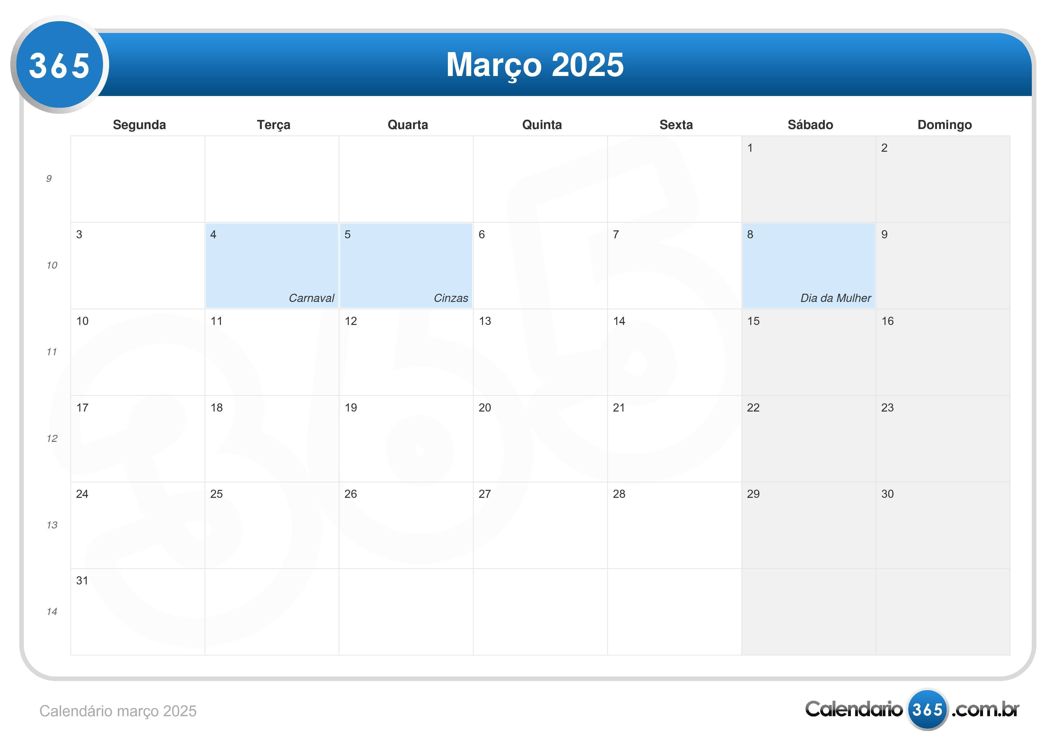 Calendário março 2025