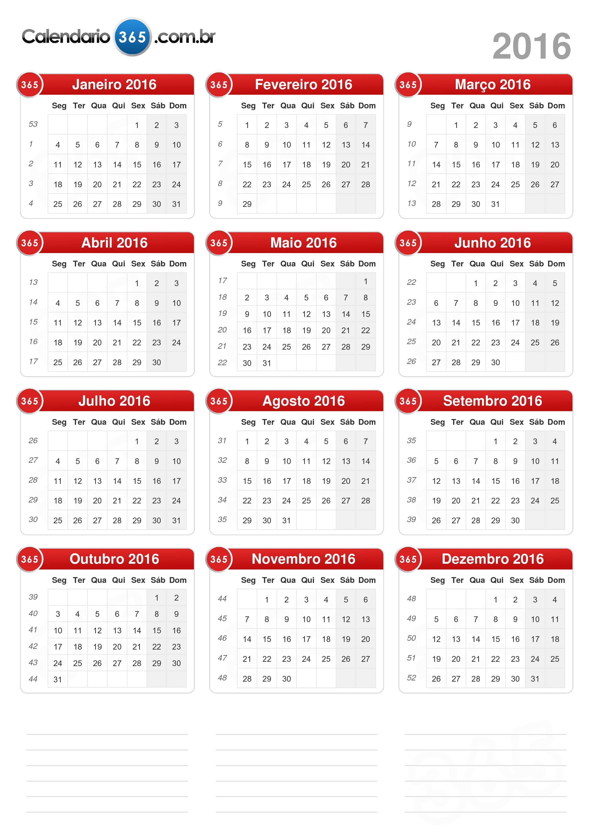 Calendário 2016