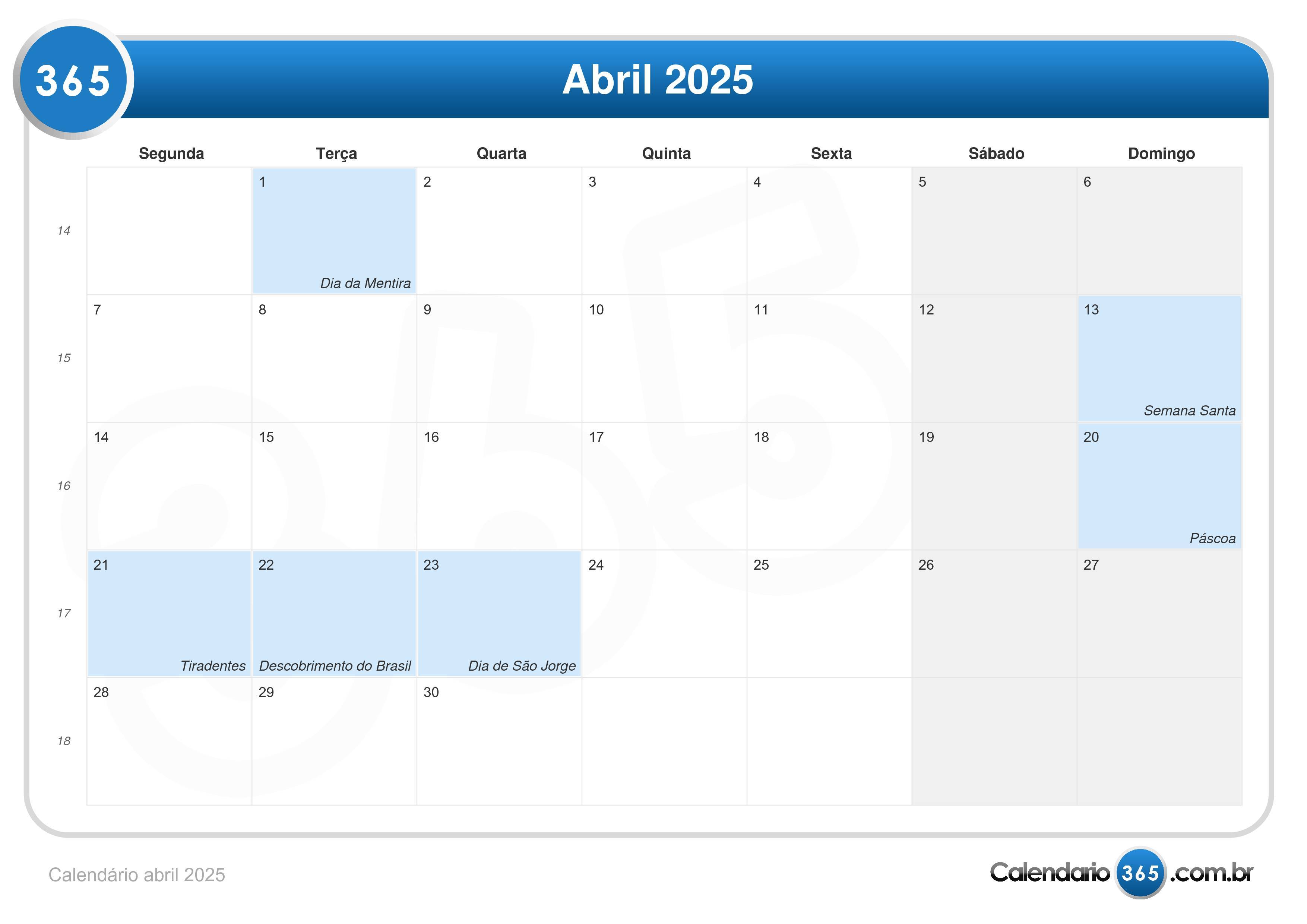 Calendário abril 2025