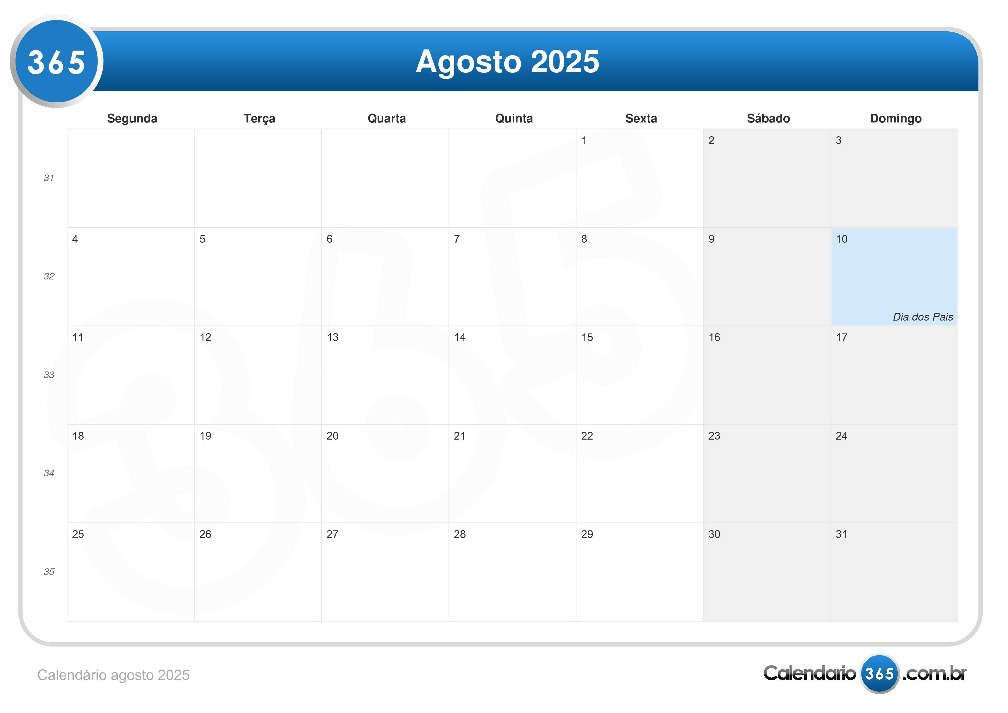 Calendário Agosto 2025 9968