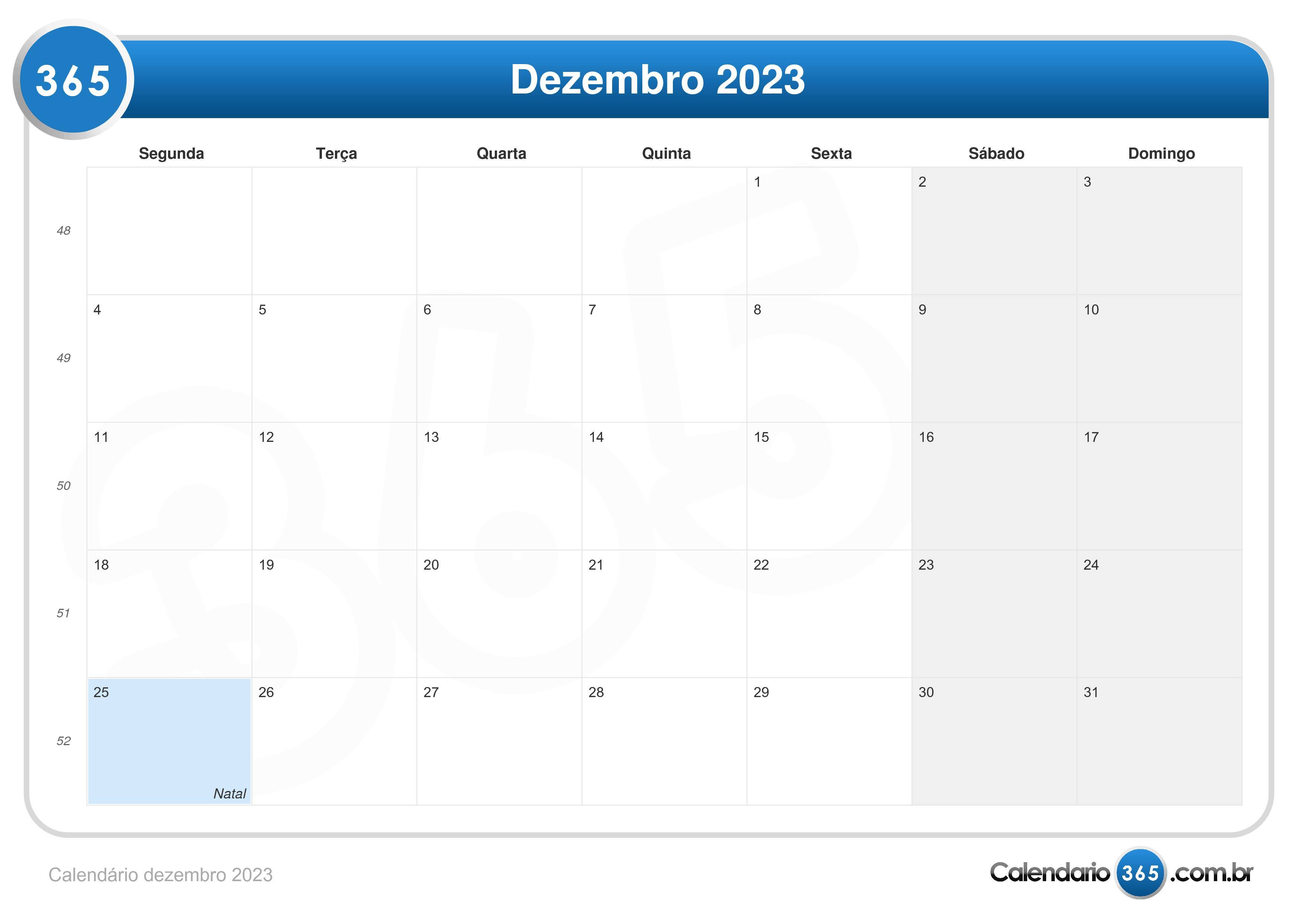 Calendário Dezembro 2023