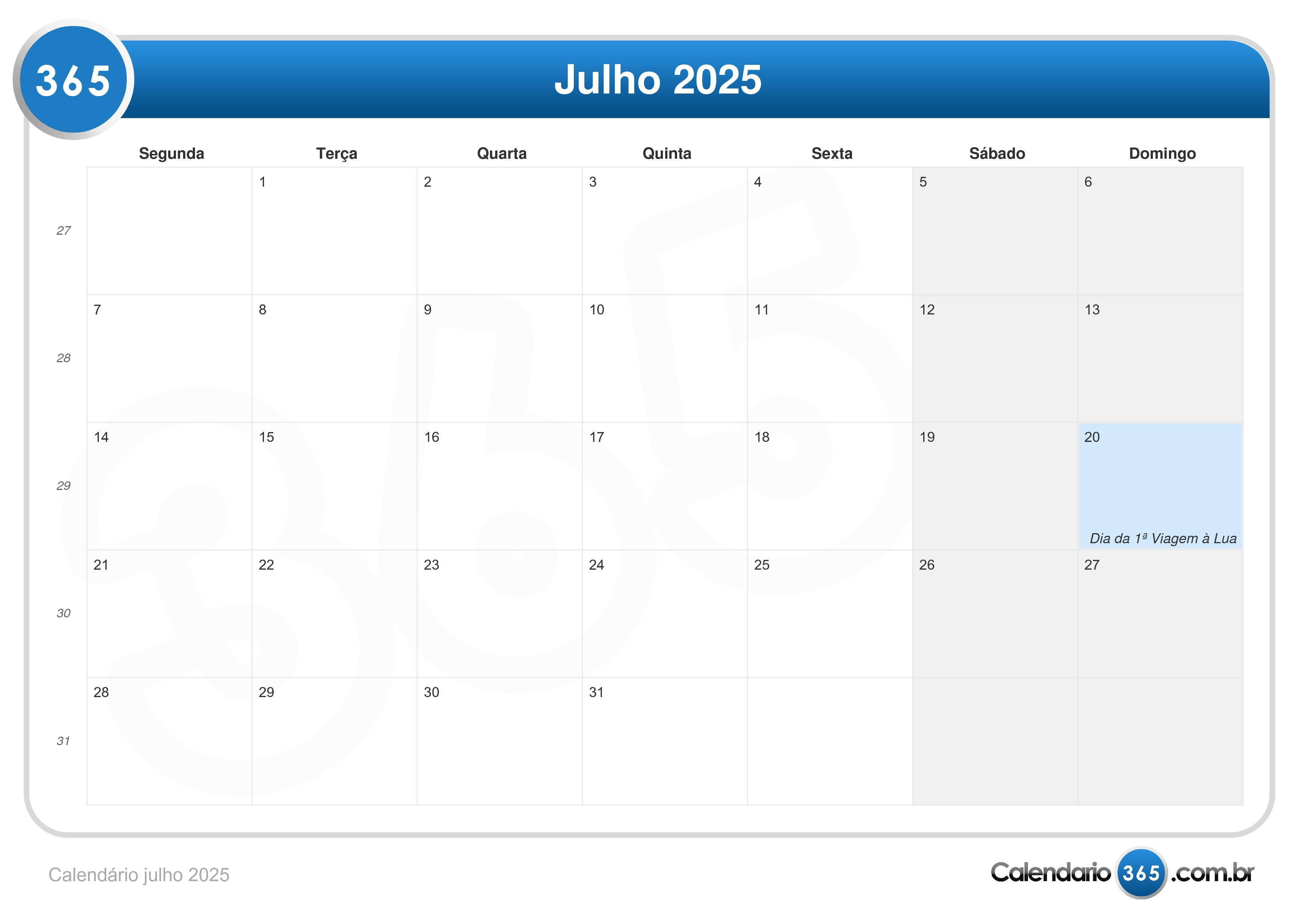 Calendário julho 2025