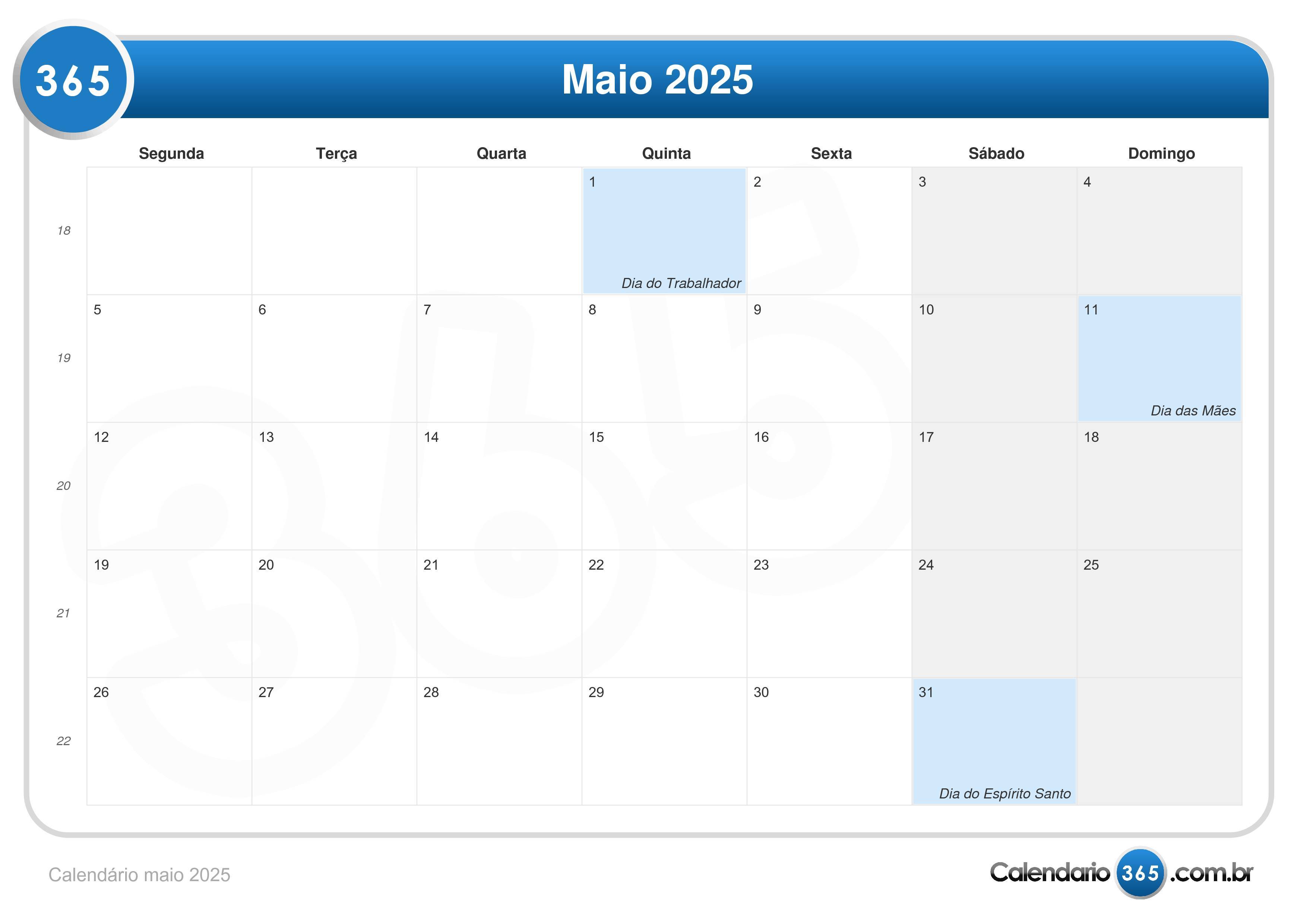 Calendário maio 2025