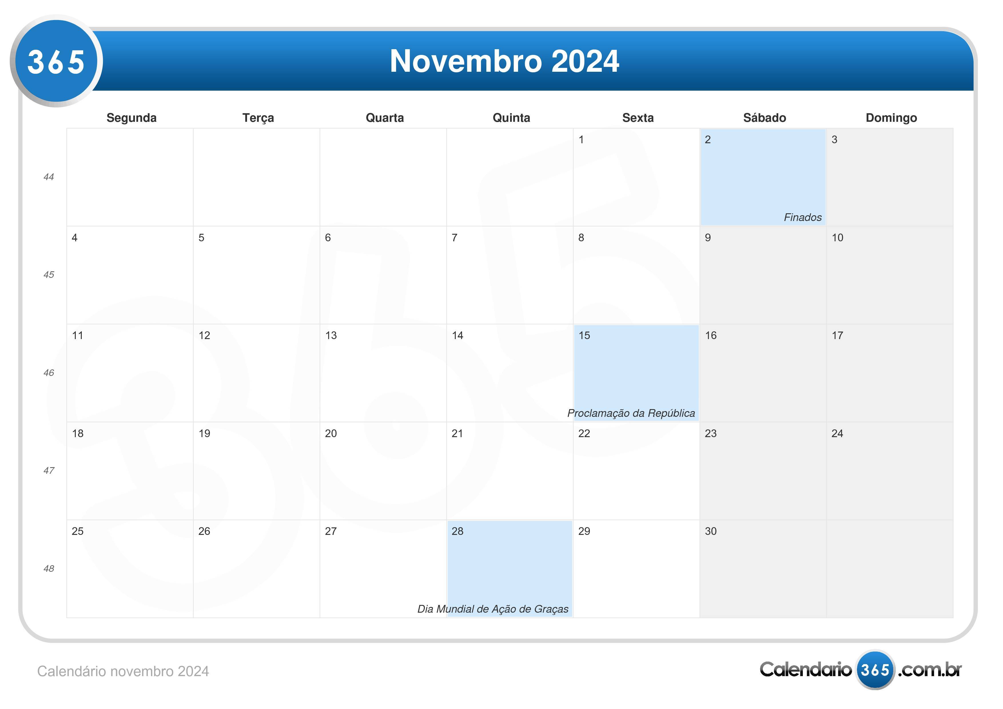 Calendário novembro 2024