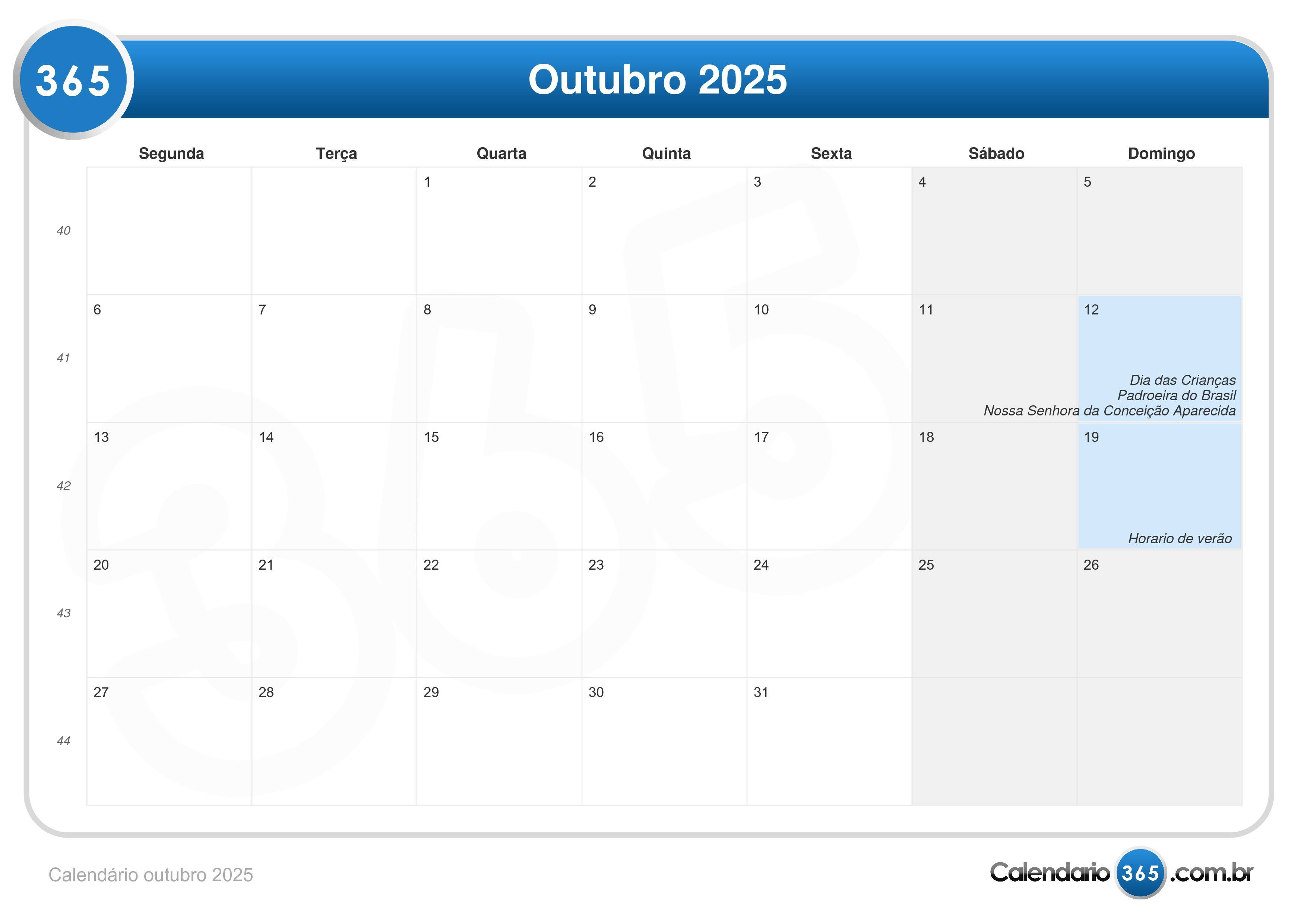 Calendário outubro 2025